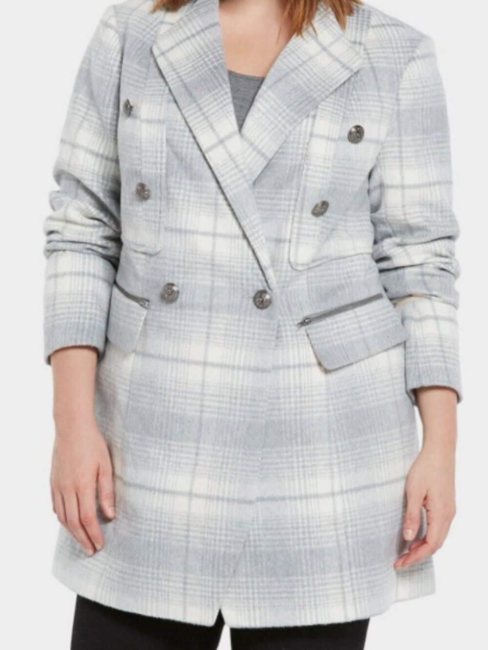 Torrid Grey and White Plaid Wool-Blend Midi Pea Coat/Blazer Jacket. Size 0 NNT